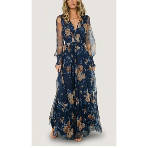 Baltic Born Dresses & Skirts - NEW Baltic Born Layla Tulle Maxi Dress Blue Golden Floral V-Neck Smocked Large